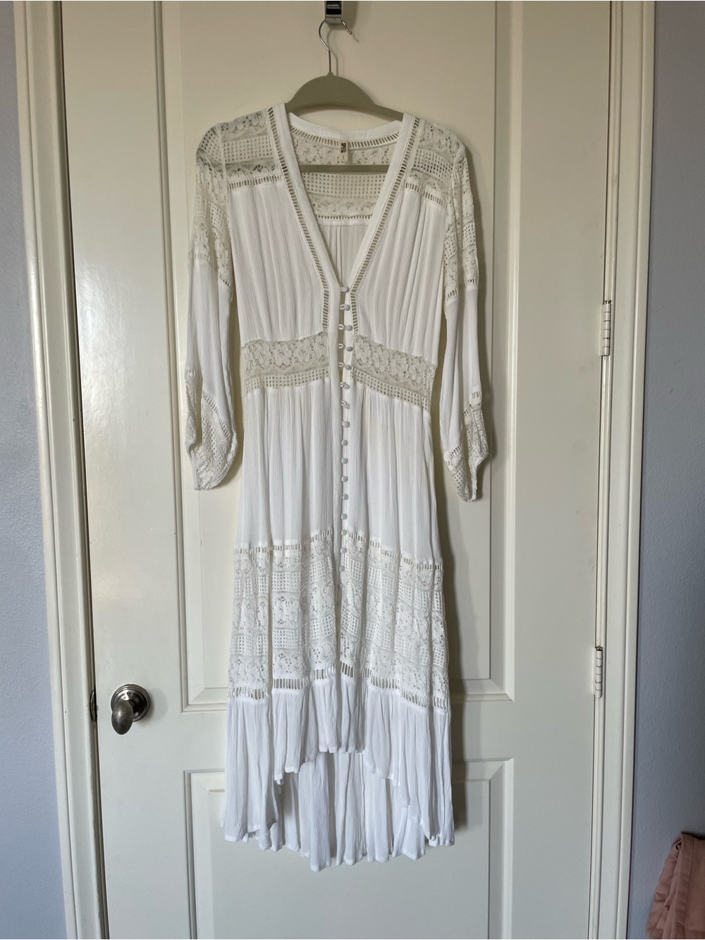 Spell White Lace-Trimmed Button-Front Maxi Dress